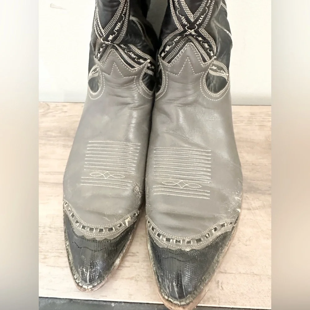 Vtg Tony Lama Two-Tone Cowboy Boots Mens 11B grey Lizard Wingtip GOLD LABEL
